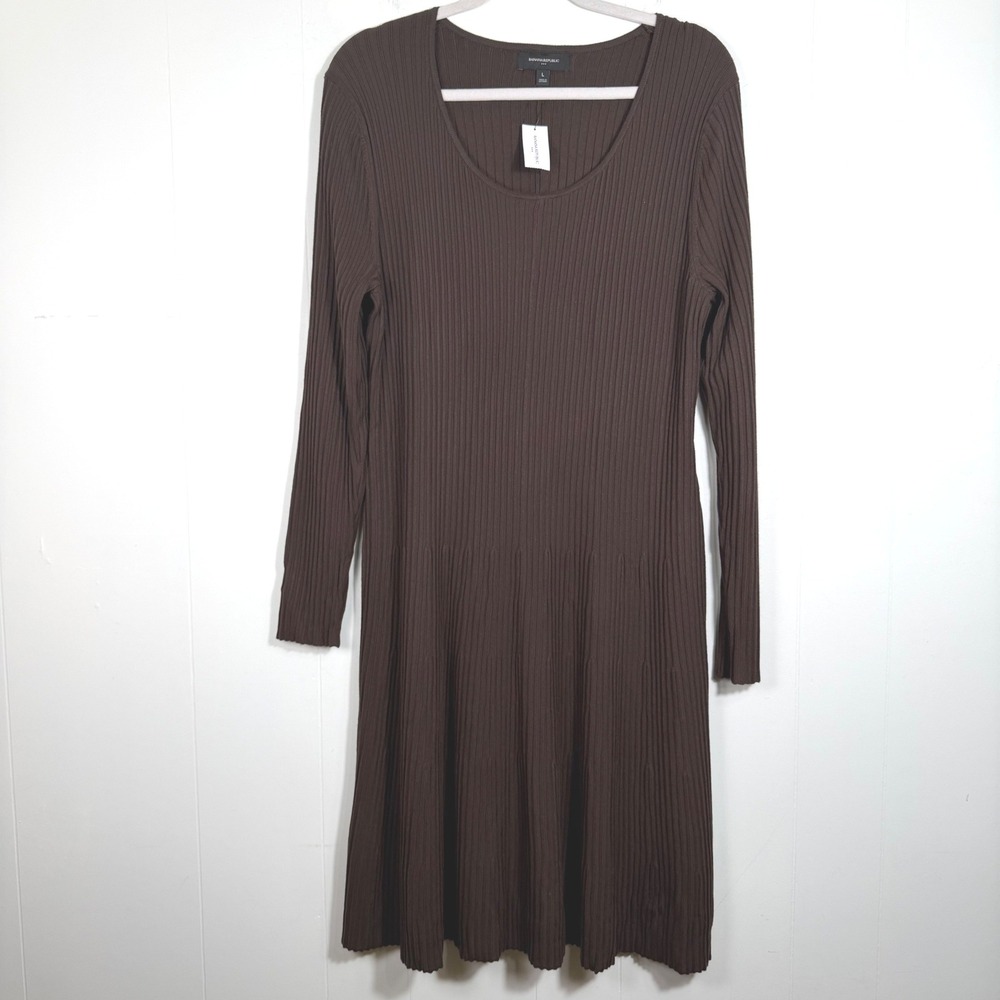 Banana Republic Chocolate Brown Ribbed Sweater Dress Fit & Flare Midi Large NEW